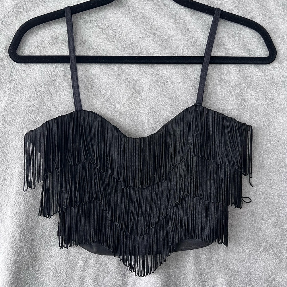 Top Shop Black Fringe Crop Top Size 6